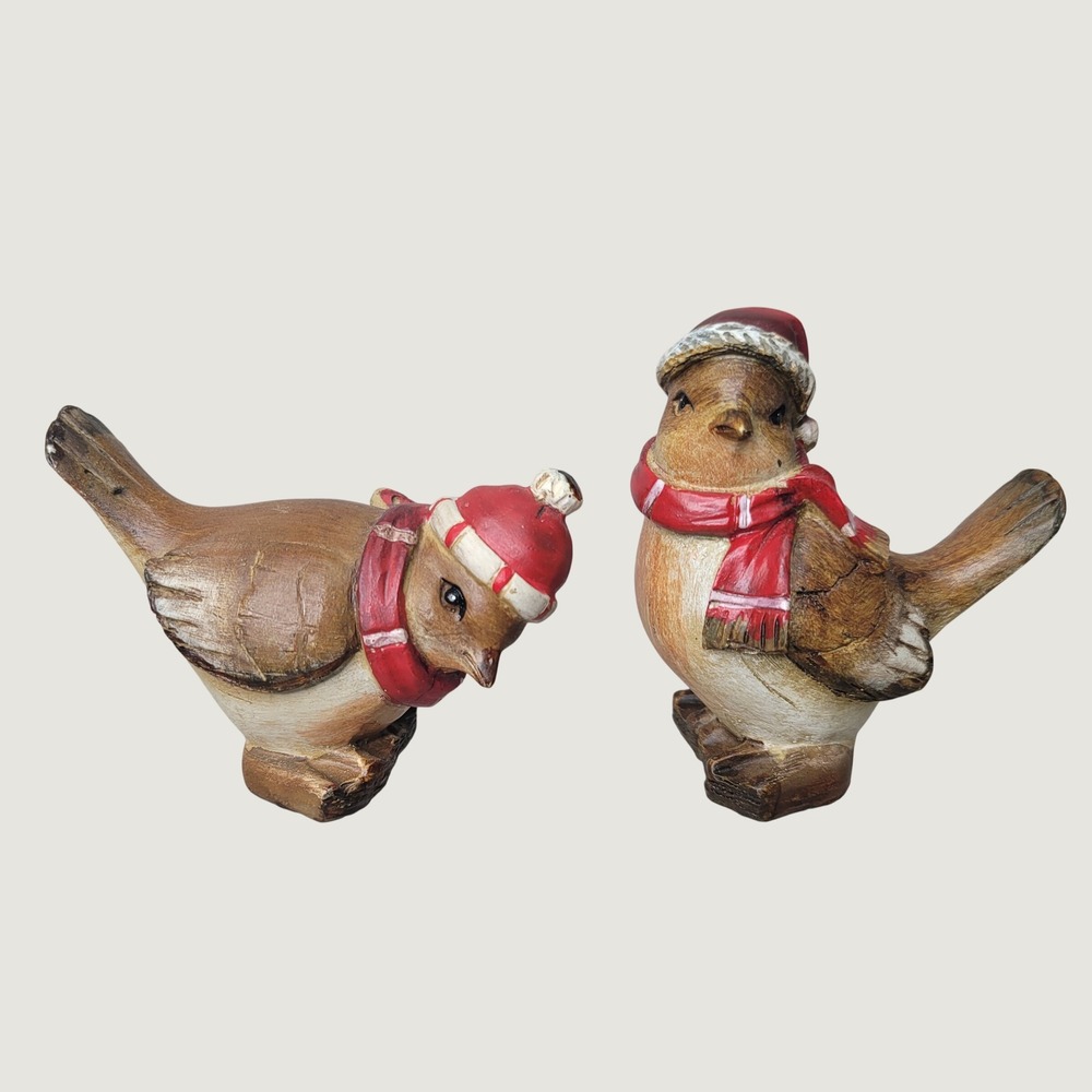 Winter Bird Figurines Set of 2 Christmas Decor Red Hat Scarf Rustic Brown Birds